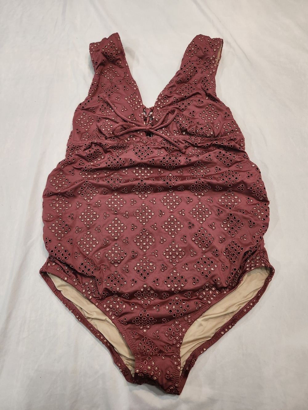 A Pea in the Pod Burgundy Eyelet One-Piece Swimsuit with Tie Front